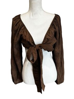VICI X Jill Chocolate Brown Tie Front Crop Top Long Sleeve Blouse Size M